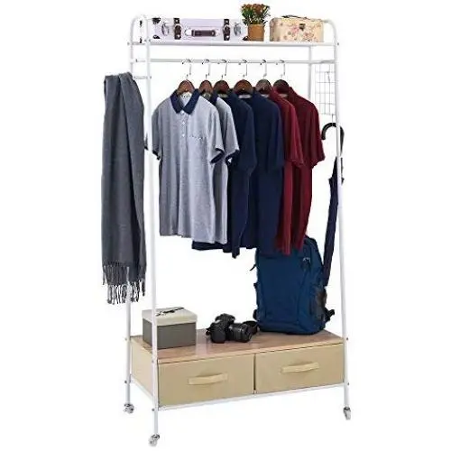 SUNPACE Entryway Clothing Coat Rack Closet Shelving Storage with Hooks,Drawers, and Wire Mesh Clothes Organizer …