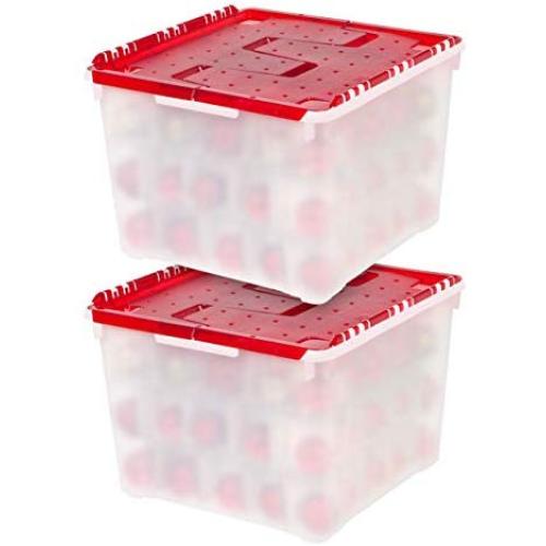 IRIS USA, Inc. WL-60 Holiday Ornament Storage Box, 2 Pack, Pearl/Red