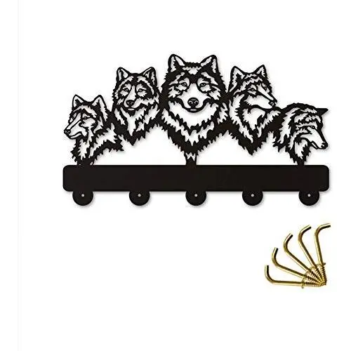 ANMY Wildlife Wolf Decorative Wooden Wall Hanger Wolf Family Clothes Wall Hooks Coat Rack Keys Holder Organizer Hook,Black