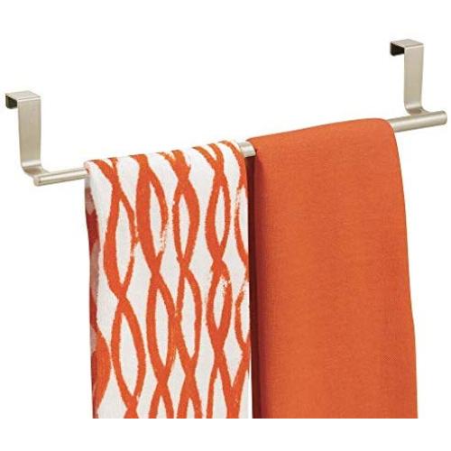 mDesign Adjustable, Expandable Kitchen Over Cabinet Towel Bar Rack - Hang on Inside or Outside of Doors, Storage for Hand, Dish, Tea Towels - 9.25" to 17" Wide - Satin