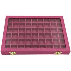 Funnuf 54 Grids Linen Jewelry Display Storage Boxes Tray Holder with Glass Lid for Ring Earrings,Rose Red