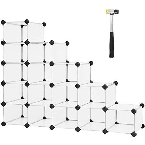 SONGMICS Shoe Rack,16-Cube Modular Storage,Space Saving Plastic Shoe Organizer Units, Closet Cabinet, Ideal for Entryway Hallway Bathroom Living Room and Corridor Translucent White ULPC44S