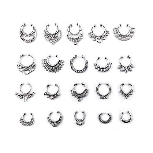 HONBAY 20pcs Fake Septum Clicker Nose Ring Rhinestone Non Piercing Hanger Clip Body Jewelry (Silver)