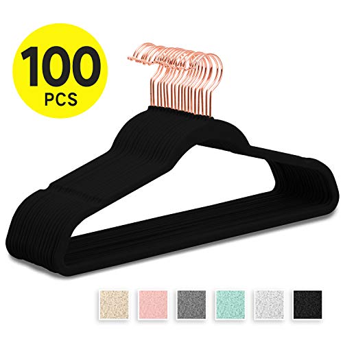 SUPJOO Premium Velvet Hangers-Swivel Rose Gold Hooks - Felt Hangers-HeavyDuty Non Slip Sturdy Suit Hangers-Space Saving Clothes Hangers 100 Pack for Skirts Coats (Black)