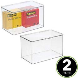 mDesign Plastic Office Storage Bin with Lid - Holds Note Pads, Gel Pens, Staples, Dry Erase Markers, Envelopes, Tape - 7" Long, 2 Pack - Clear