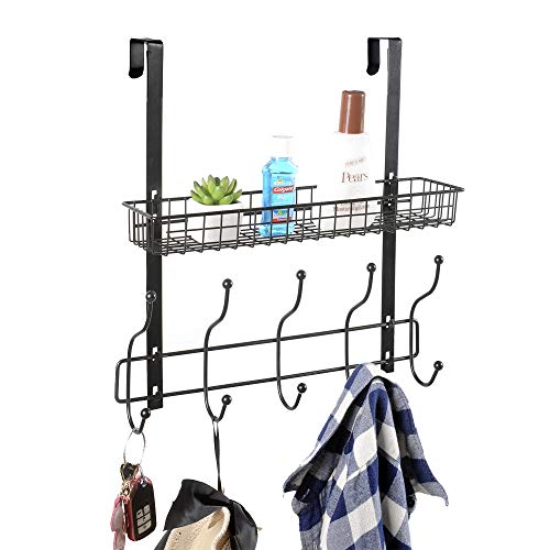 KEIMIX Coat Rack, Over The Door Hanger with Mesh Basket, Detachable Storage Shelf for Towels, Hats, Handbags, Coats (Black)