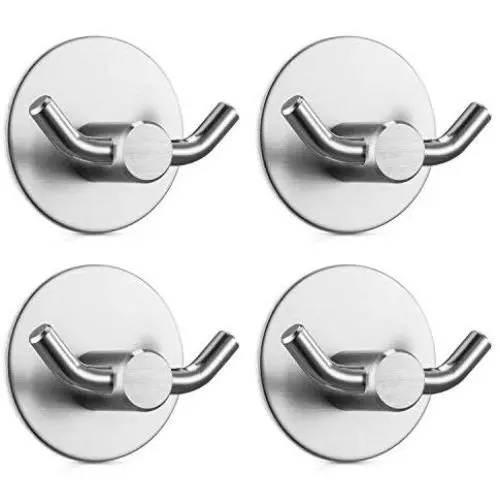 Jekoo Double Prong Robe Hooks, Heavy Duty Coat Hook Retro Cloth Hanger Stainless Steel, Ultra Strong Waterproof Wall Hanger for Keys, Bags, Coat, Towel, Umbrellas on Bathroom Kitchen Shower - 4 Packs