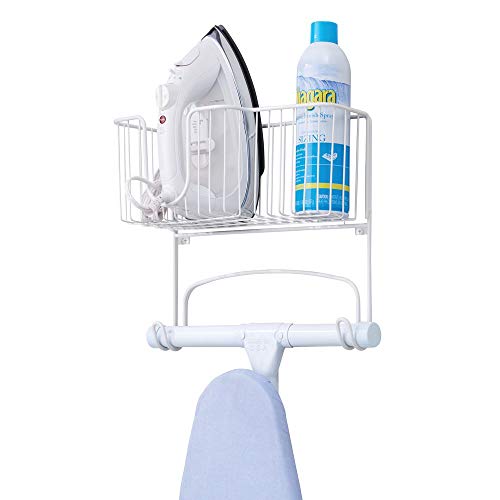 mDesign Metal Wall Mount Ironing Board Holder with Large Storage Basket - Holds Iron, Board, Spray Bottles, Starch, Fabric Refresher for Laundry Rooms - White