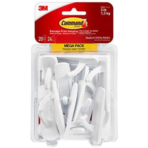 Command Medium Utility Hooks Mega Pack, White, 20-Hooks, 24-Strips, Organize Damage-Free