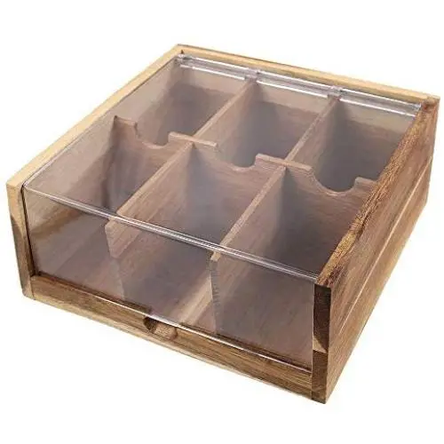 Acacia Wood Tea Bag Organizer Storage, 6 Compartments Tea Chest Boxes with Acrylic Transparent Hinged Lid By HTB