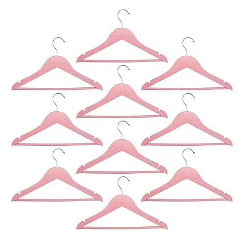 Harbour Housewares Wooden Children Clothes Kids Coat Hangers with Trouser Bar & Notches - Pastel Pink - Pack of 10