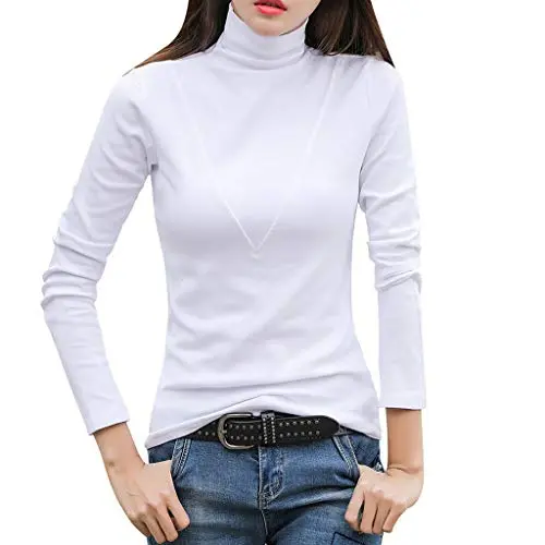Toimothcn Womens Cotton Sweater Tops Blouse Long Sleeve Turtleneck Stretch Casual Bottoming Top