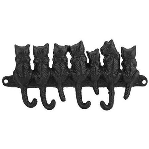 Wall Hooks Cat Kitten Tail Keys Rack Decorative Wall-Mounted Black Cast Iron Metal Hanger with 4 Hooks for Hanging Keys Hats Coats Scarves Bags Purses and More