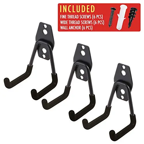 3pcs Garage Hanger Hooks for Hanging Ladder Hose Extension Cord Shovel Bike Chair Garden Tools, [UPGRADE VERSION] Wall Mount Organizer Storage Holder with Longer Screws Included and Anti Slip Rubber