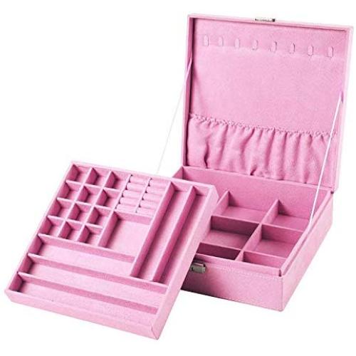 Sodynee Two-Layer Lint Jewelry Boxes Organizer Display Storage Case with Lock, Pink