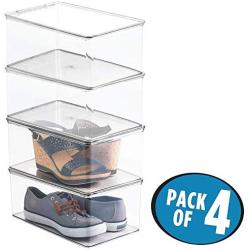 mDesign Stackable Closet Plastic Storage Bin Boxes with Lid - Container for Organizing Mens and Womens Shoes, Booties, Pumps, Sandals, Wedges, Flats, Heels and Accessories - 5" High, 4 Pack - Clear