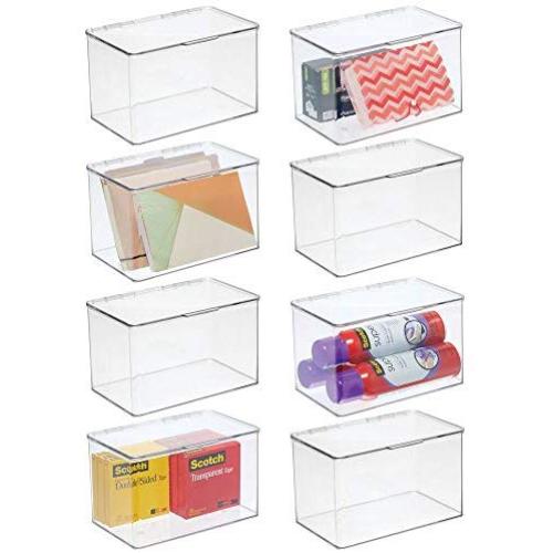 mDesign Plastic Stackable Home, Office Supplies Storage Organizer Bin Boxes with Attached Lid - Holder Container Bin for Note Pads, Gel Pens, Staples, Dry Erase Markers, Tape, 8 Pack - Clear