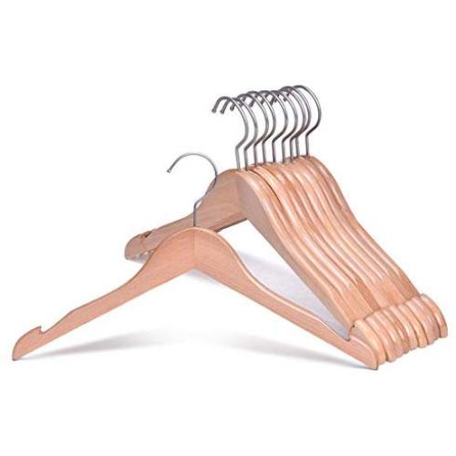 JS HANGER Wooden Coat Hangers Natural Finish with Notched Shoulders and Anti-Rust Hook - 10 Pack