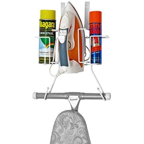 Evelots Ironing Board Holder-Over Door/No Tool or Wall Mount-Iron/Bottle Baskets
