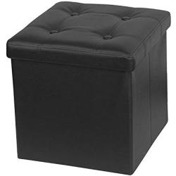 Otto & Ben 15" Storage Ottoman - [2pc Set] Folding Toy Boxes Chest with Memory Foam Seat, Tufted Faux Leather Ottomans Bench Foot Rest Stool, Black