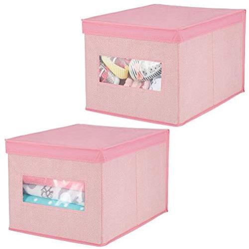 mDesign Decorative Soft Stackable Fabric Closet Storage Organizer Holder Boxes - Clear Window, Attached Lid, for Child/Kids Room, Nursery - Large, Collapsible Foldable - Herringbone Print, 2 Pack - Pink mDesign Decorative Soft Stackable Fabric Closet Storage Organizer Holder Boxes - Clear Window, Attached Lid, for Child/Kids Room, Nursery - Large, Collapsible Foldable - Herringbone Print, 2 Pack - Pink