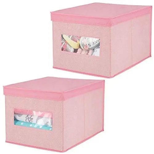 mDesign Decorative Soft Stackable Fabric Closet Storage Organizer Holder Boxes - Clear Window, Attached Lid, for Child/Kids Room, Nursery - Large, Collapsible Foldable - Herringbone Print, 2 Pack - Pink