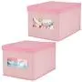 mDesign Decorative Soft Stackable Fabric Closet Storage Organizer Holder Boxes - Clear Window, Attached Lid, for Child/Kids Room, Nursery - Large, Collapsible Foldable - Herringbone Print, 2 Pack - Pink