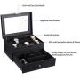 BEWISHOME Watch Boxes Organizer with Valet Drawer - Real Glass Top, Metal Hinge, Large Holder, Black Carbon Fiber Faux Leather - 10 Slots Watch Storage Case Jewelry Boxes for Men SSH14C