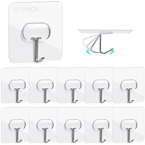 MOPMS Adhesive Hooks Kitchen Wall Hooks Heavy Duty Self Adhesive Hooks Transparent Hooks for Hanging, Command Hooks Heavy Duty for Kitchen, 10 Pack