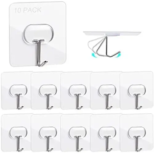 MOPMS Adhesive Hooks Kitchen Wall Hooks Heavy Duty Self Adhesive Hooks Transparent Hooks for Hanging, Command Hooks Heavy Duty for Kitchen, 10 Pack