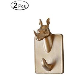 Zhi Jin 2Pc Gold Resin Animals Head Wall Hook Adhesive Door Hanger Decor for Clothes Towels Rhinoceros