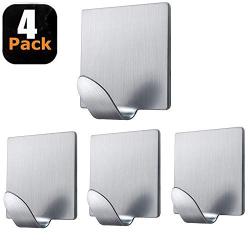 Fotosnow Adhesive Hooks Heavy Duty Stainless Steel Wall Hooks Hangers Stick on Hooks for Hanging Robes, Towels, Hats-4 Pack