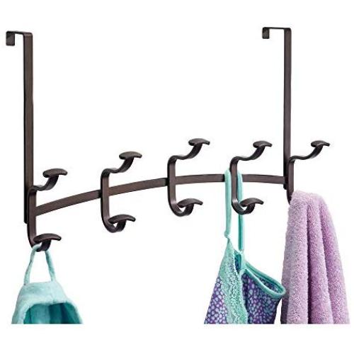 mDesign Decorative Metal Over Door 10 Hook Storage Organizer Rack - for Coats, Hoodies, Hats, Scarves, Purses, Leashes, Bath Towels, Robes, Mens and Womens Clothing - Bronze