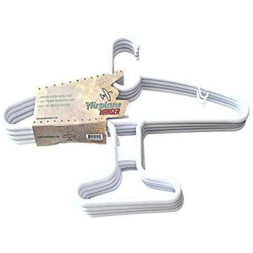 4-pack of durable white Airplane shaped plastic hangers, organize clothes, shirt, pants, tie, belt, scarf etc. Perfect for pilots and airplane lovers!