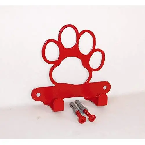 Dog Leash Hook Hanger. Dog Paw. Fire Red Finish. Made in USA. Solid Steel. Screws Included.