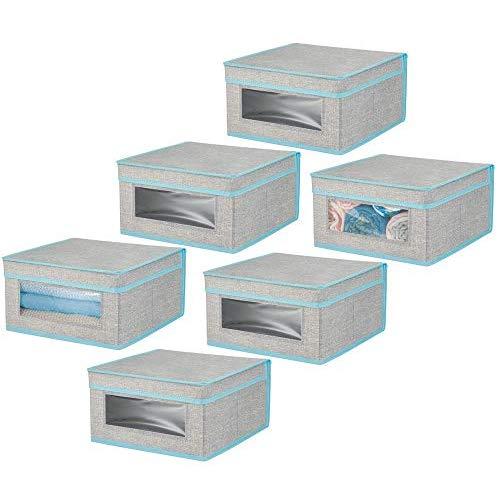 mDesign Soft Stackable Fabric Closet Storage Organizer Holder Bin with Clear Window, Attached Lid - for Bedroom, Hallway, Entryway, Bathroom - Textured Print - Medium, 6 Pack - Gray/Teal Blue