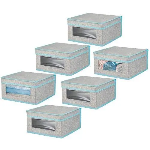 mDesign Soft Stackable Fabric Closet Storage Organizer Holder Bin with Clear Window, Attached Lid - for Bedroom, Hallway, Entryway, Bathroom - Textured Print - Medium, 6 Pack - Gray/Teal Blue mDesign Soft Stackable Fabric Closet Storage Organizer Holder Bin with Clear Window, Attached Lid - for Bedroom, Hallway, Entryway, Bathroom - Textured Print - Medium, 6 Pack - Gray/Teal Blue