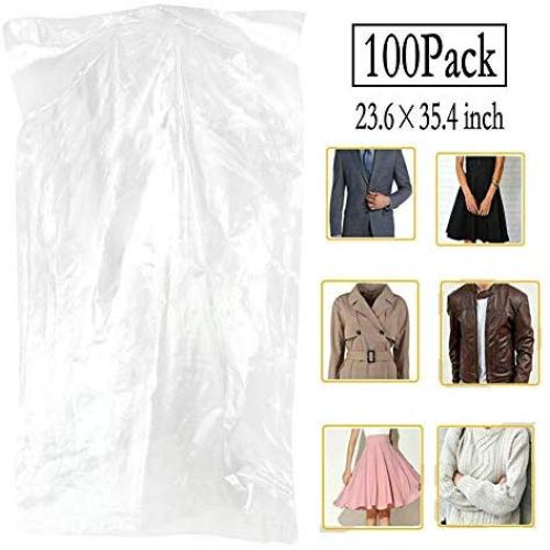 100 Pack Garment Bag Transparent Clothing Dust Cover Dustproof Hanging Clothes Suit Dress Jacket Cover for Dry Cleaner, Home Storage,Travel, Clothes Storage Closet,23.6 x 35.4 inches