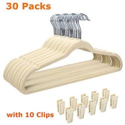 GEMITTO Velvet Suit Hangers, 30Pcs Nonslip Clothes Hanger with Extra 10 Clips, Ultra Thin Heavy Duty & Durable Hangers, 360° Swivel Hook, Closet Space-Saving for Coats Pants Dress Jackets (Beige)