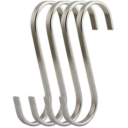 RuiLing Premium 4-Pack Size Extra Large Brushed Stainless Flat S Hooks Kitchen Pot Pan Hanger Clothes Storage Rack, XXL, Metal