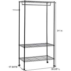 Bonnlo Sturdy Rolling Shelving Garment Rack with 1 Hanger 3 Adjustable Shelves 1 Side Hanger Clothes Rack for Closet Organizer Movable Wardrobe 35.4" L x 17.7" W x 71&quotH - Black