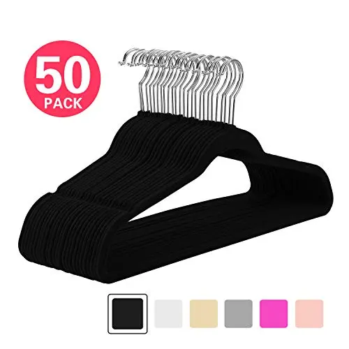 MIZGI Premium Velvet Hangers (Pack of 50) Heavyduty - Non Slip - Velvet Suit Hangers Black - Chrome Hooks,Space Saving Clothes Hangers (Black-01)