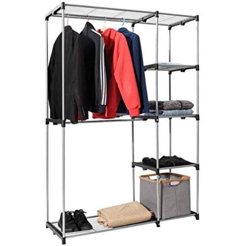 Tangkula Closet Double Rod Freestanding Heavy Duty Steel Frame Multi-Shelves Organizer Garment Rack Portable Clothes Hanger Storage Rack Home Washroom Storage Organizer