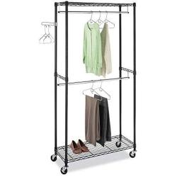 Hommoo Clothes Hanger Garment Rack Adjustable Metal Garment Rack Double Rod Rolling Closet Organizer Shelf with Lockable Wheels,Black
