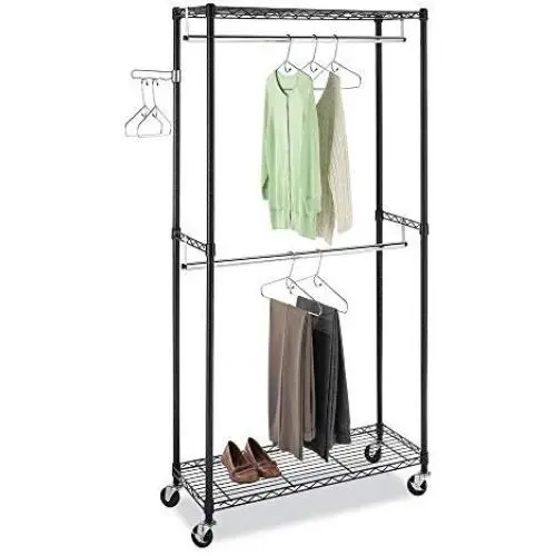 Hommoo Clothes Hanger Garment Rack Adjustable Metal Garment Rack Double Rod Rolling Closet Organizer Shelf with Lockable Wheels,Black
