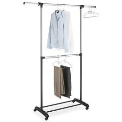 Whitmor Adjustable 2-Rod Garment Rack - Rolling Clothes Organizer - Black and Chrome