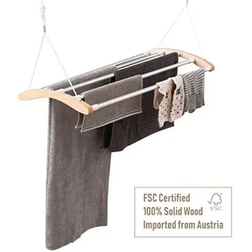 INNOKA Extendable Ceiling Mounted Drying Rack, Luxury Birch Wood with 5 Strong Aluminum Bars [Space Saving] Clothes Laundry Dryer Hanger with Smart Pulley System, Extended up to 55&quot, Maximum Load 9KG