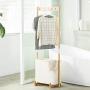 JFGUOYA Bamboo Coat Rack with Storage Basket, Bedroom Clothes Hanger Free Standing Hanging Rail - Laundry Hamper Garment Rack, Bamboo Coat Organizer with Clothes Hanger and Storage Shelves