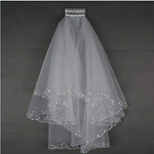 Sparkle Two Layer Short Wedding Veil White Beaded Edge Elbow Length Soft Tulle Accessoire Wedding Bridal Veils With Comb WHITE 75cm Sparkle Two Layer Short Wedding Veil White Beaded Edge Elbow Length Soft Tulle Accessoire Wedding Bridal Veils With Comb WHITE 75cm