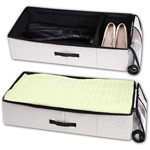VEAMOR Under Bed Clothes Storage Containers,Shoe Organizer Underbed Bins for Pillow Beddings/Blanket Storage Boxes with Zippers,Breathable and Moistureproof (Linen, XXL)